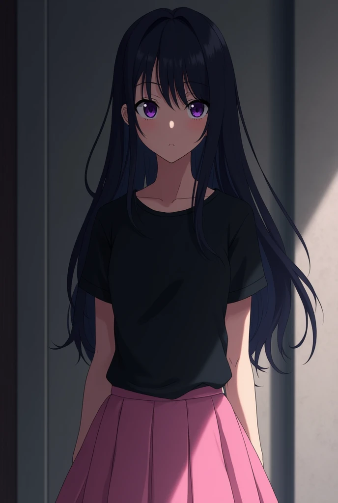 Bnha girl with purple eyes long black hair black t-shirt and pink skirt peeing 