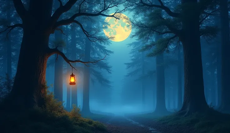 A magical nighttime forest scene, illuminated by the full moon shining through the tall trees. A soft mist hovers over the forest floor, creating a mystical atmosphere. In the foreground, a single lantern hangs from a tree branch, casting a warm glow that ...