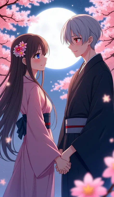 men and women。Holding hands。Boys hairstyle bob。Boys hair color silver。Boy with odd eyes。Boy right eye blue。Boy&#39;s left eye red。Girl hairstyle brown long hair。Girl Eye Color Grey。Background night cherry blossoms。Boys kimono black。girls kimono pink。anime。...