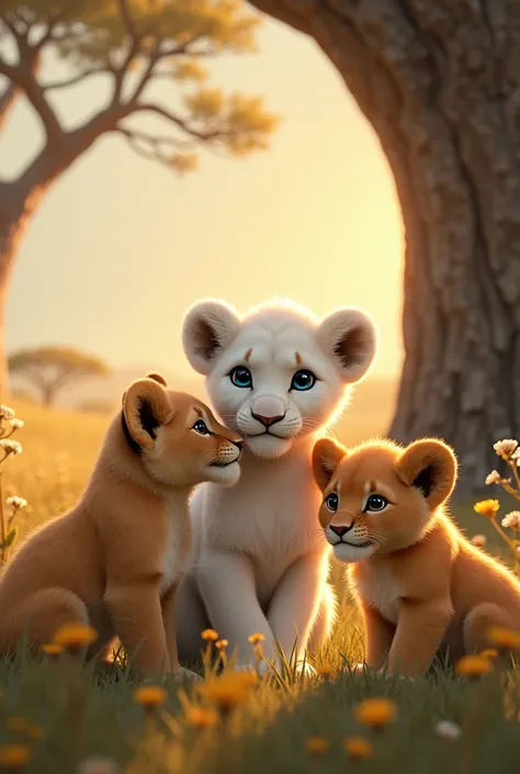 Creates a male white lion cub with his pride but all the cubs tease him except a golden brown female lion cub 