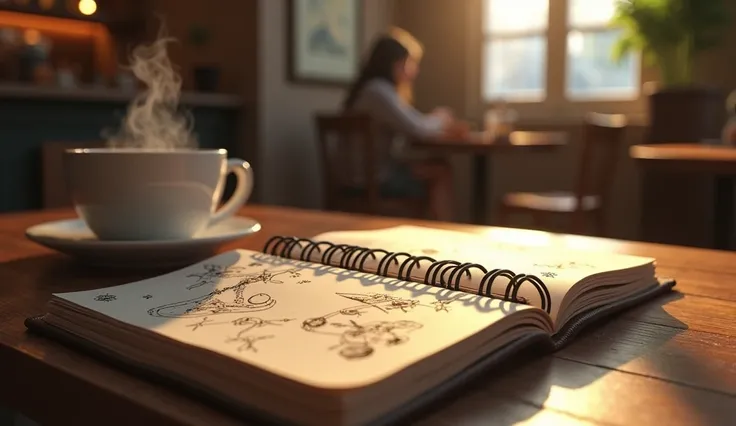 An open notebook with astrological notes and doodles, coffee cup beside it, in a cozy café setting, evoking creativity and introspection. --ar 16:9