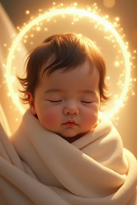 A newborn white baby with dark brown hair and a saint&#39;s halo in heaven with Jesus Christ. The baby should have medium hair.