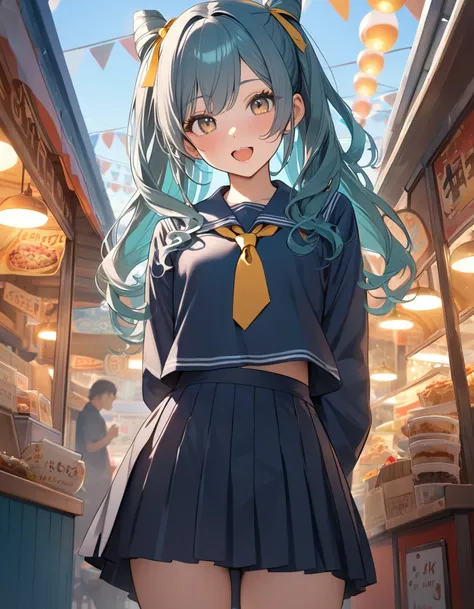 (8K, best quality, master piece: 1.2),super high resolution,1girl,solo,16yo,ultra-detailed face,ultra-detailed eyes,brown eyes,mascara, orange eyeshadow,(cone hair bun:1.4),turquoise hair,swept bangs,Dark Blue long sleeves serahuku,Dark Blue long pleated s...