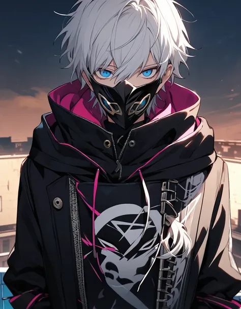 emotionless, cool, 1 male teenager, white hair with black strands of hair, blue eyes, persona mask, covered eyes, black coat and hood, standing on a rooftop, phantom thief, closeup