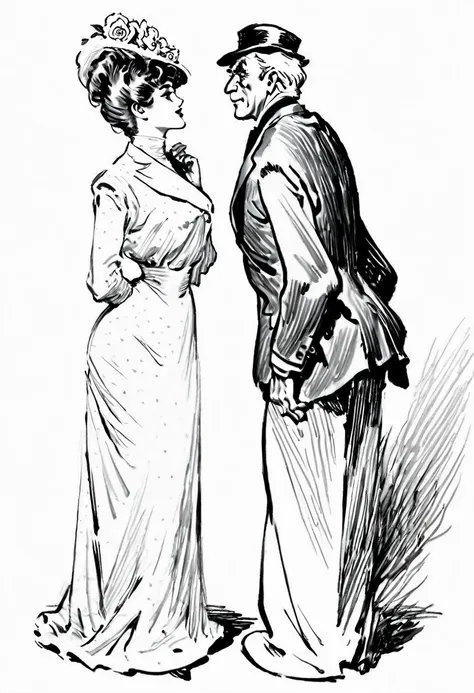 sketch of a beautiful well-endowed 13yo gibson girl thot flirting with a visibly aroused 69yo man. year 1903. 1900_dr3ss. girl w...