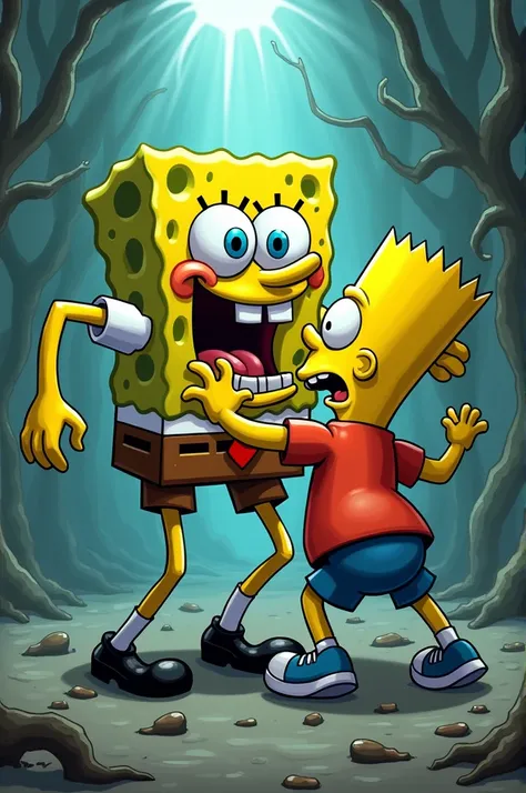 Spongebob assaulting Bart Simpson 
