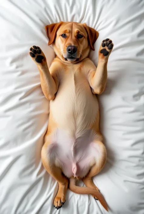 Real image of a  brown Labrador dog lying on his back on a white bed 