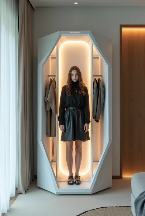 A smart, triangular, minimalist closet that changes a girl&#39;s clothes