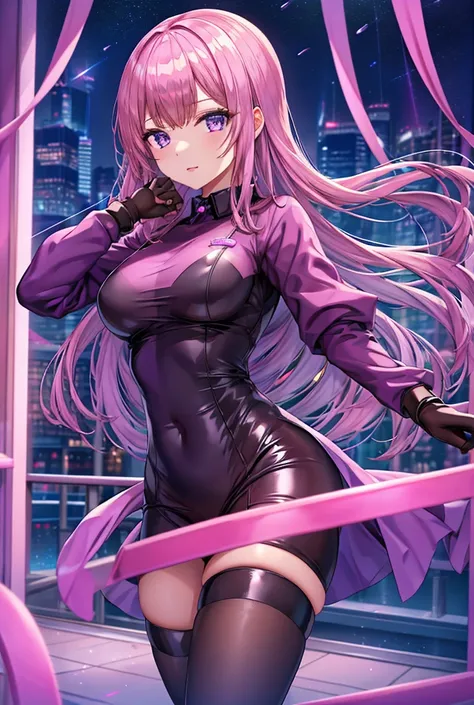 A beautiful girl wearing a purple shiny rubber nurse outfit（1），顔の一部にゾンビメイクをIs、左目に蜘蛛の巣のマークがついている眼帯をIs，Wearing purple rubber long gloves，Background: dimly lit room at night，Lips are shiny々Is，イタズラっぽく舌を出Is
（High resolution, solo, One girl, 