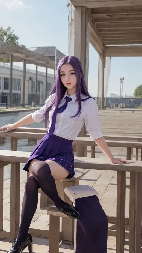 European Girl.  Facial details.  Delicate facial features.  Half-closed eyes.  blue eyes.  Long Straight Hairstyle. Purple Hair.  A calm face. ((Sexy pose)). Beautiful thighs. Beautiful bust. Beautiful background. ((School uniform)). ((Full Body Shot)). (H...