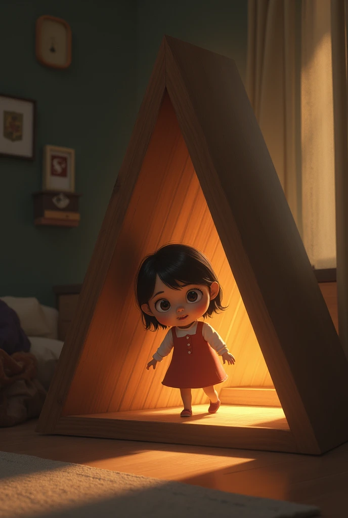 A girl coming out of a triangular closet 