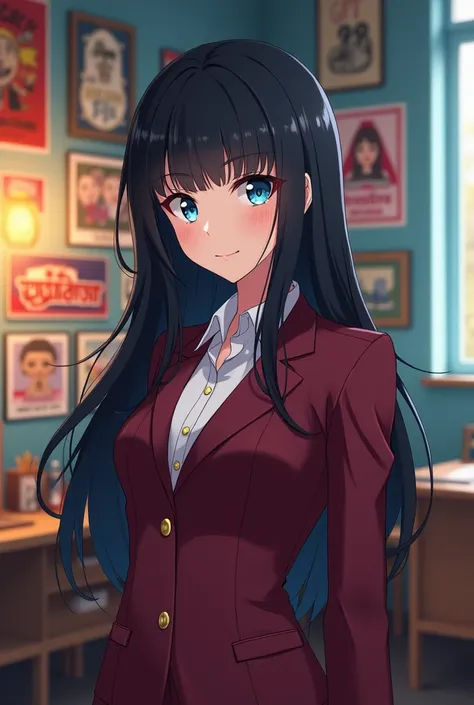 horsetail, black hair, Blue eyes, , Room with posters, shy, smiling at the camera, wine-colored tailored suit , superanime image 

