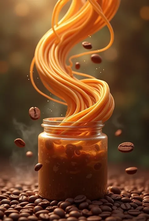 Silk threads but of arequipe with a background represented by a coffee flavor with a magical touch with coffee beans falling and mixing in a jar of arequipe 