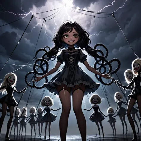 beautiful doll girl with electric web from her head to stormy sky, static electricity in air, puppet on strings, multiple people...