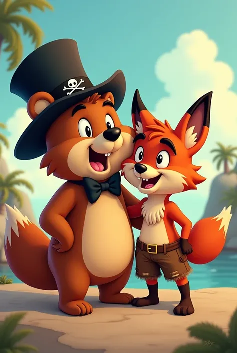 An art of a brown anthropomorphic bear with a beige spot on his belly wearing a black top hat with a black bow tie, the best friend of an anthropomorphic pirate fox with a beige spot on his belly, a red fox with black eyebrows and ripped brown pirate short...