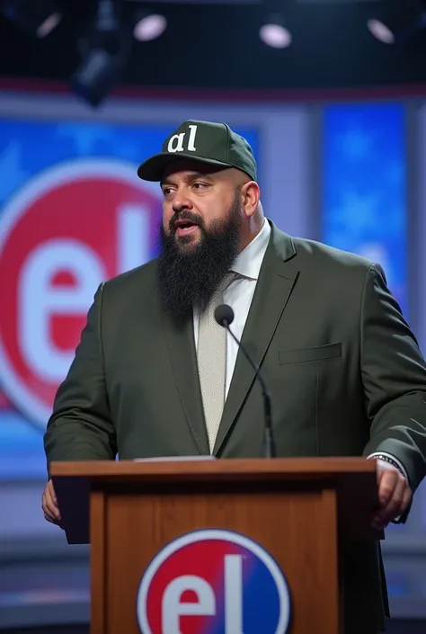 A Ultrarealistic image, mayor in a speech on open TV, talking, the candidate is a chubby man with shaved hair and black beard, Latin origin, dark olive green suit and white tie, cap written in the letter AL, image from a TV camera, political event, full HD...