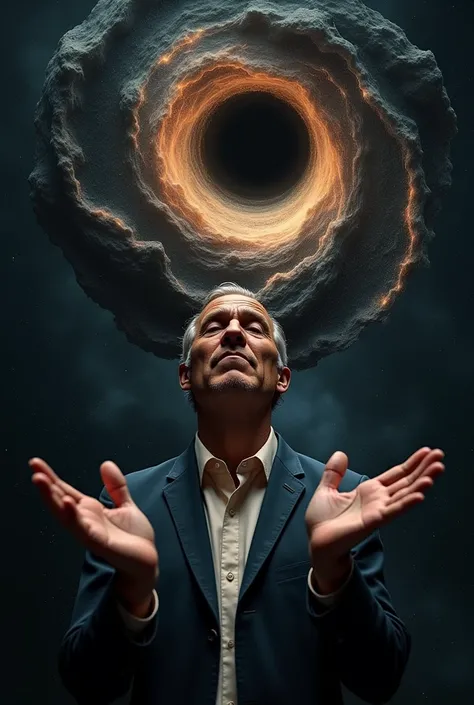 A man with a PhD in physics, with his face distorted by a black hole, with the palms of the hands facing upwards, in one hand a summary of Einstein&#39;s general relativity, and in the other hand a summary of quantum physics.