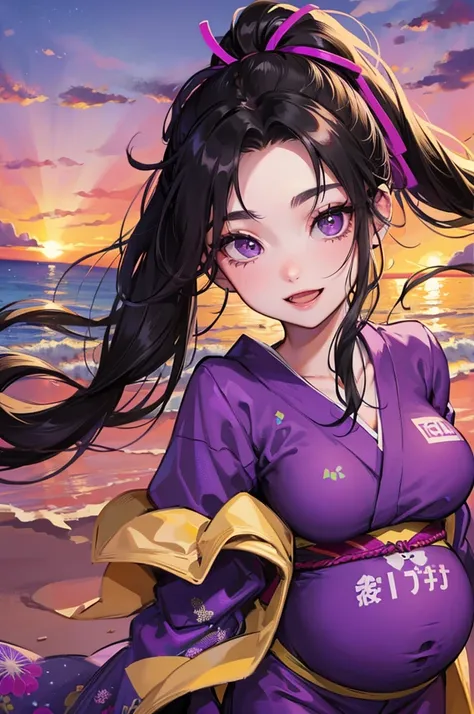 Pregnant Eighteen-year-old girl with a happy smile and a beautiful face and long black hair tied up in a ponytail and purple eyes and wearing a purple kimono 