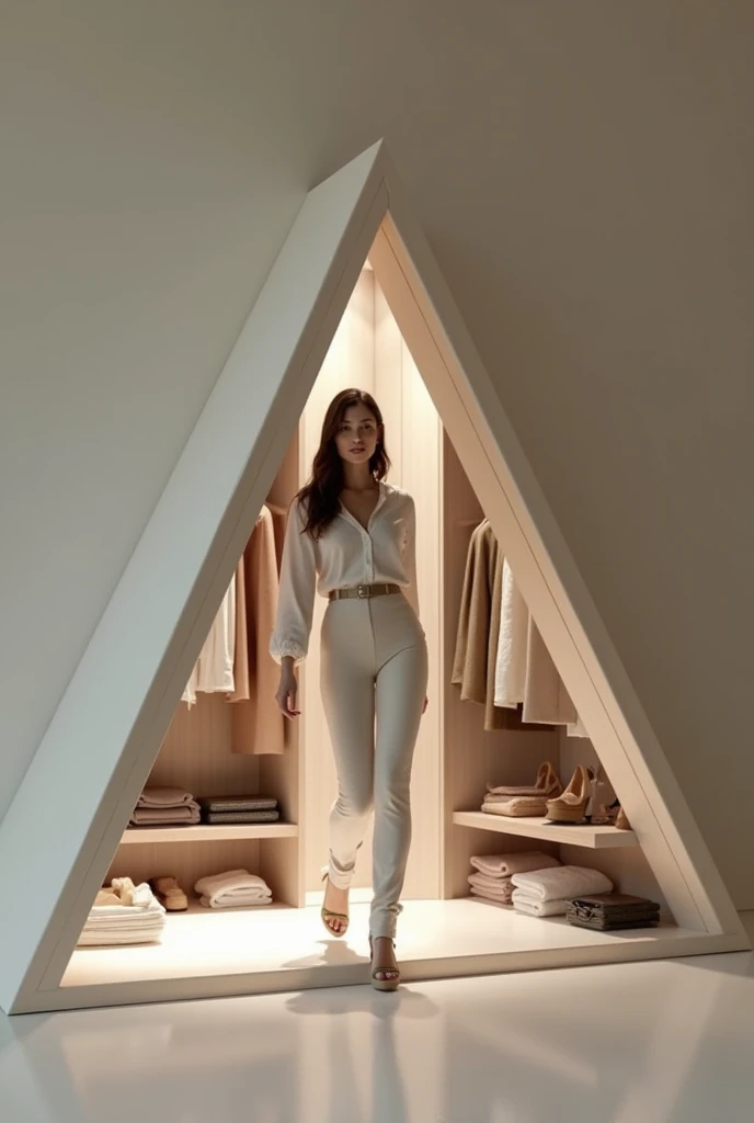 A woman coming out of a triangular, minimalist-designed closet with clothes inside