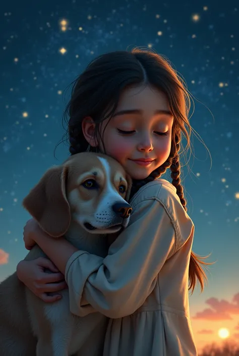 Make a collage with 2 images scene 1 a child with braids hugging her dog and then in that same place she is alone the scene is a starry night