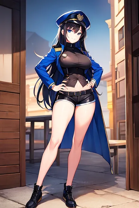 1girl, light smile, breasts, hourglass figure, standing, ((standing)), full body, ((full body)), toned, tall, navel, black hair, long hair, jacket, blue jacket, police hat, tight clothes, shorts, policewoman, blue eyes, hands on hips, bare legs,