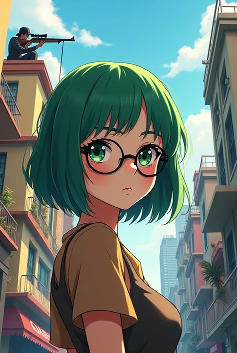 An anime-style girl with short green hair and glasses with a sniper in Guatemala City 