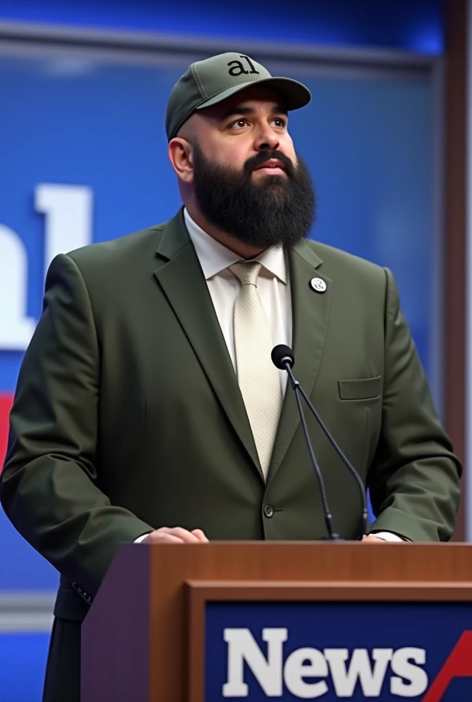 A Ultrarealistic image, mayor in a speech on open TV, talking, the candidate is a chubby man with shaved hair and black beard, Latin origin, dark olive green suit and white tie, cap written in the letter AL, image from a TV camera, political event, full HD...