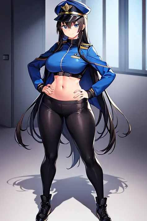 1girl, light smile, breasts, hourglass figure, standing, ((standing)), full body, ((full body)), toned, tall, navel, black hair, long hair, jacket, blue jacket, police hat, tight clothes, black pants, policewoman, blue eyes, hands on hips, bare legs,