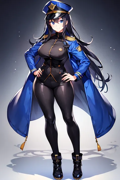 1girl, light smile, breasts, hourglass figure, standing, ((standing)), full body, ((full body)), toned, tall, navel, black hair, long hair, jacket, blue jacket, police hat, tight clothes, black pants, policewoman, blue eyes, hands on hips, bare legs,