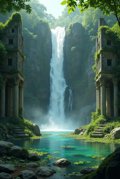 ((Top Quality)),((Excellent)),((High Resolution)),Ancient ruins found deep in the jungle,There is a large waterfall,Aquatic plants are floating in the pond,