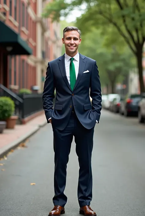 Man in a navy suit, green tie, pocket square, slim fit suit, brown shoes, in quiet street .750