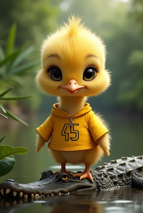 Create an image of a Chick with a yellow shirt and the number “45” above the alligator, as realistic as possible.