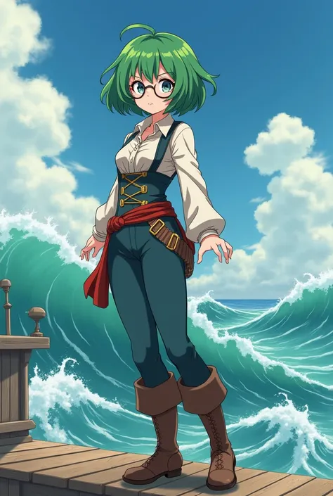 An anime-style girl with short green hair and glasses wearing an old-fashioned pirate outfit 