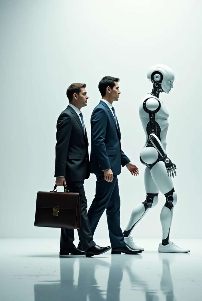 Create five images that represent the evolution of man., to the robot. The man before the robot must be in a suit and a briefcase.