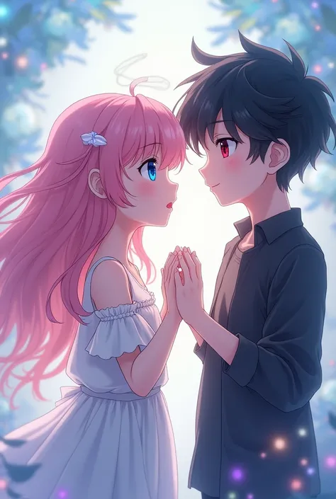 anime, Angel girl with pink hair and blue eyes singing, along with a boy with black hair and red eyes 