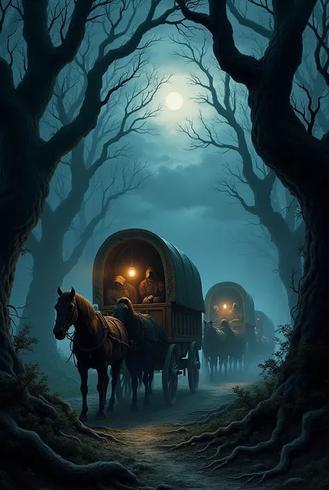 In the Dark fantasy style, a caravan in the middle of a dark forest