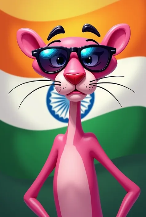 Pink Panther wearing sunglasses with the Indian flag behind 