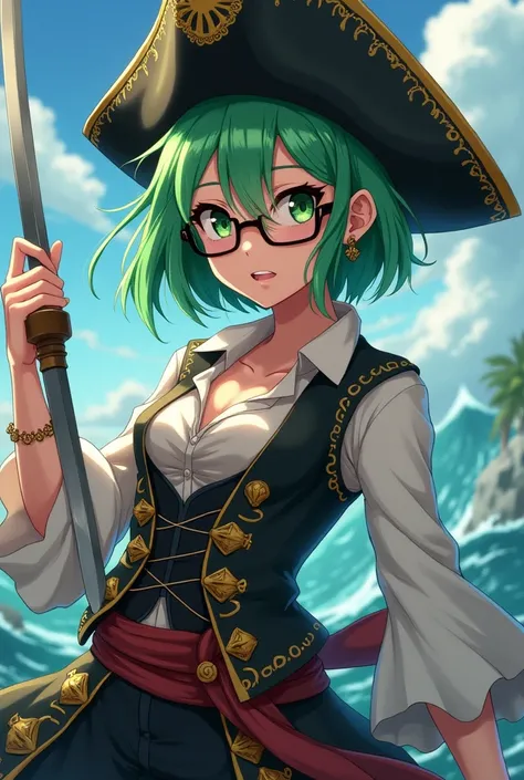 An anime-style girl with short green hair and glasses wearing a blackbeard pirate costume