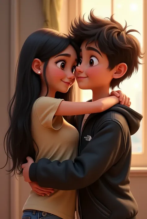 Disney Two teenagers hugging each other, A girl with long straight hair , dark black hair, Brunette with beautiful brown eyes and wearing a beige t-shirt. A dark skinned boy with a cute smile and very dark brown hair with curls Slightly large eyes wearing ...