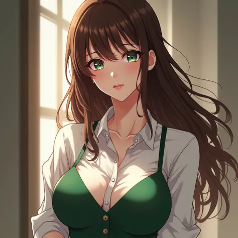 anime woman, brown hair, green eyes, long hair, green sleeveless dress above blouse, white formal blouse underneath dress, short sleeves, collars, half unbuttoned, exposed cleavage, large breasts 
