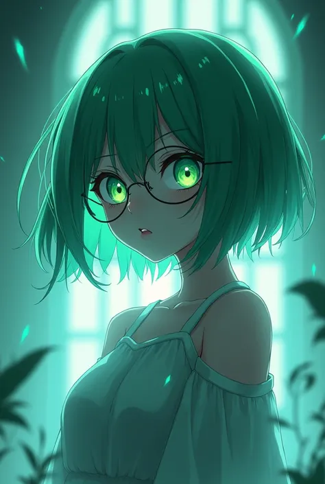 An anime-style girl with short green hair and glasses like a skeletal ghost
