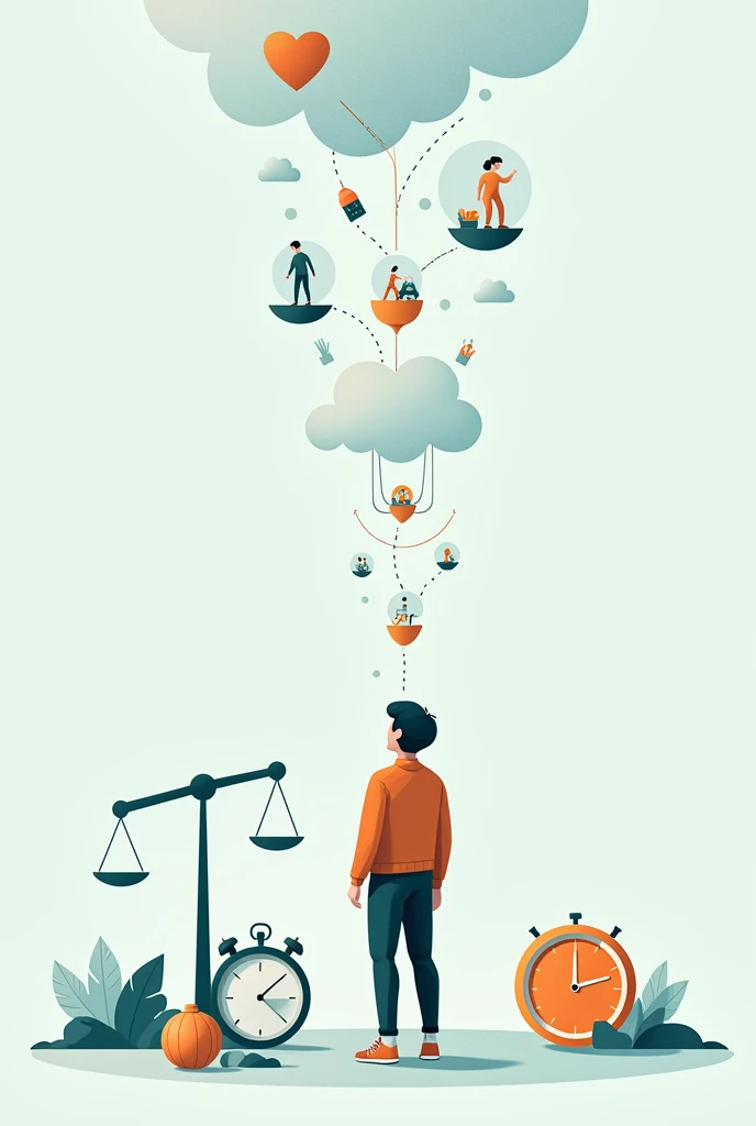 A visual representation of a person facing the challenges of a sedentary lifestyle: a falling health graph, a scale showing weight gain and a stopwatch symbolizing lack of time. from beside, a hopeful vision of a path to an active life, with icons of physi...