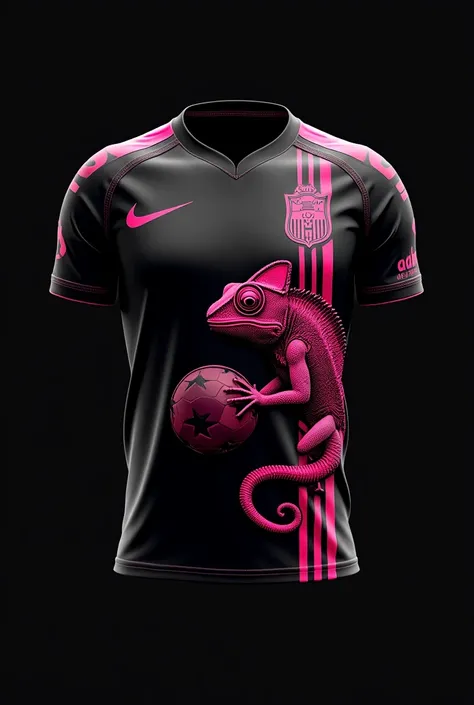 Long-sleeved sports jersey for soccer in black with pink details like the Massi Miami jersey. The model shows a chameleon with a soccer ball in the front right corner and in the center of the jersey. "graphic design"
