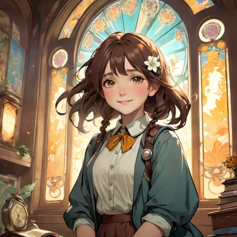 Alphonse Mucha style, unreal world, humorous and crazy, cinematic lighting. The protagonist is a beautiful high school girl. In this world full of objects and memories, she seems lost and at the same time, she seems to have found her place. Her smile hides...