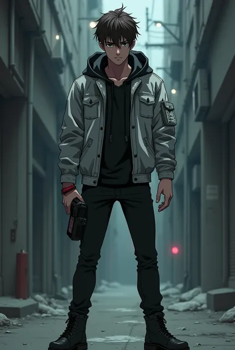 20 years old,
Short brunette levi ackerman hair,
61,
Light gray denim jacket with black hood down,
Black skinny jeans,
Black boots,
Terrorist,
Holding a remote detonator 
Male,
Anime style