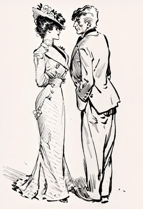 sketch of a beautiful well-endowed 13yo gibson girl thot flirting with a visibly aroused 69yo man. year 1903. 1900_dr3ss. girl w...