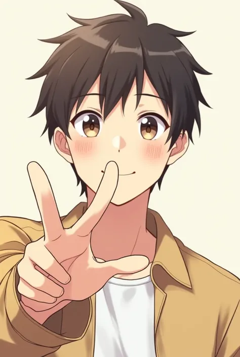 Happy anime man, introverted personality making camera gesture with hand 