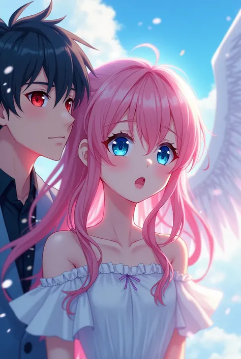 anime, Angel girl with pink hair and blue eyes singing, along with a boy with black hair and red eyes 