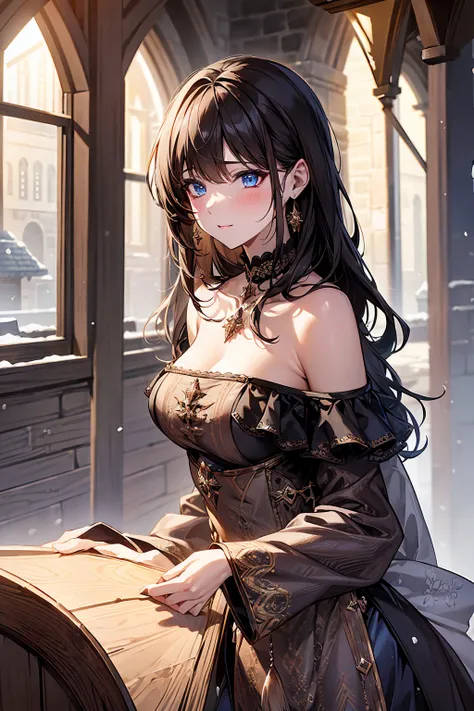 ((Very detailed)), 4K, ((Cinema Lighting)), close, Fantasy World, Medieval, Cobblestone Town, Wooden stone house, snow, market, marketの屋台, Adult female, Sexy dress with a slit、Off the shoulder、Marquis&#39; Daughter, Long light brown hair Blue eyes, ((Beaut...