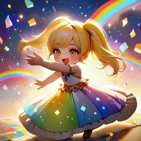 a happy loud chibi blonde girl with blonde pigtails in a rainbow world, whimsical, fantastic, fantasy, chaotic, dancing, solo, alone, just one girl, realistic lighting, masterpiece